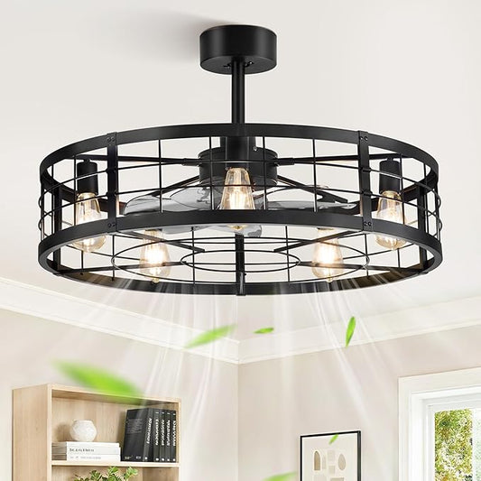 LEDIARY 30 inch Fandelier Caged Ceiling Fan with Light, Bladeless Ceiling Fan with Remote, Farmhouse Fan Lights Ceiling Fixtures for Kitchen, Bedroom, Outdoor(6 Speed, Timing)-Black