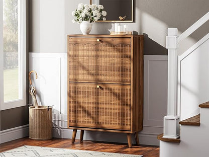 Nicetree Shoe Cabinet Storage for Entryway, 9.45" Narrow Shoe Organizer with Architectural Arched Fluted Front, Slim Shoe Rack with Adjustable Shelves,Fits Size 12 Shoes,Timeless Walnut