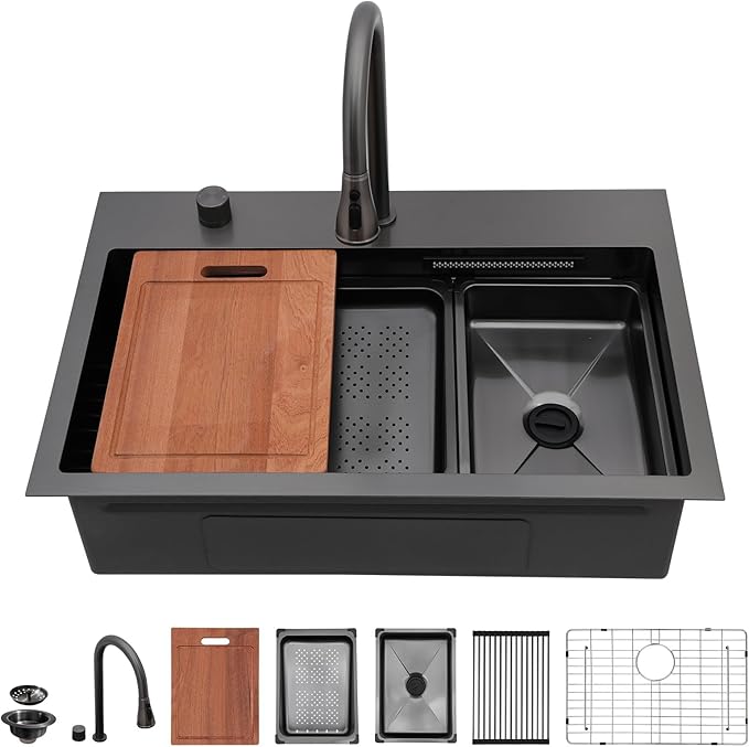 Sarlai 31 Inch Black Waterfall Kitchen Sink Drop In - 31x20 Inch Drop In Waterfall Sink Ledge Workstation Black Stainless Steel 16 Guage Single Bowl Kitchen Sinks Basin