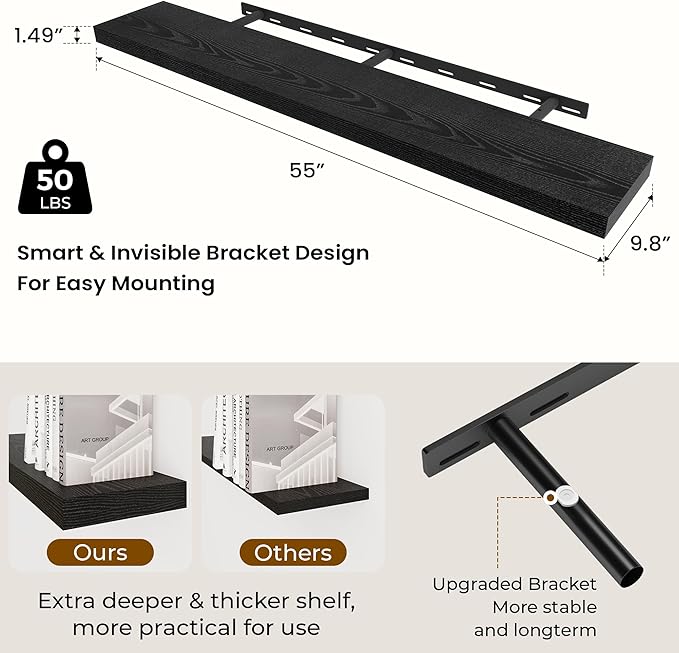 Dreamland 55 Inches Floating Shelves for Wall, 9.8" Deep Long Floating Shelves Set of 1, Large Display & Storage Shelf, Wall Shelf for Bathroom Bedroom Living Room Kitchen Office, Black