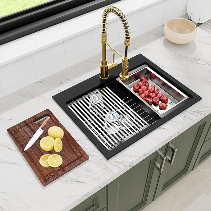 Davivy 25 Inch Black Granite Composite Kitchen Sink Workstation, Quartz Kitchen Sink Black, Drop in & Undermount Installation, Single Bowl Design with Accessories