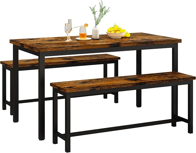 Lamerge Dining Room Table Set with 2 Benches, Dining Table Set for 4-6, Kitchen Table Set for Home Kitchen, Dining Room, Restaurant, Space Saving, Rustic, 3 Pieces Dining Furniture Set (05-Brown)