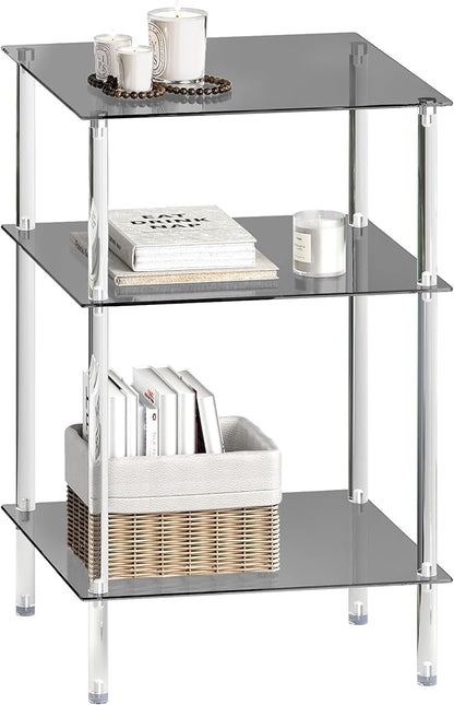 Tempered Glass Side Table, Acrylic End Table, 3-Tier Transparent Nightstand, Clear Coffee Table, for Small Spaces Living Room Bedroom Balcony Black LET519BK