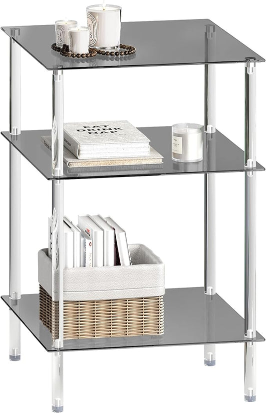 Tempered Glass Side Table, Acrylic End Table, 3-Tier Transparent Nightstand, Clear Coffee Table, for Small Spaces Living Room Bedroom Balcony Black LET519BK