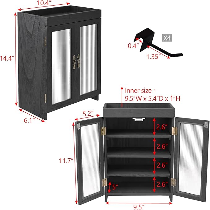 Ikee Design Wooden Countertop Storage Cabinet with Wavy Magnetic Door, Adjustable Shelves, Removable Hooks. Perfect for Perfume, Figurines, and Coffee Cups, Black Color, 10.4 W x 6.1 D x 14.4 H in