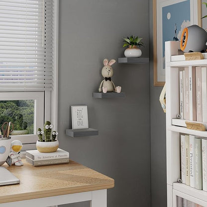 PopiShelves Small Floating Shelves for Wall - 6 Inch Mini Square Grey Shelves for Bedroom, Living Room, Bathroom, Kitchen, Office Decor Set of 3