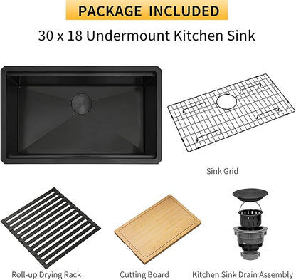 Black Undermount Kitchen Sink,16 Guage 304S Stainless Steel Workstation Sinks with Full Set Accessories, 30" x 18" x 10" Large and Deep Single Bowl Kitchen Sink