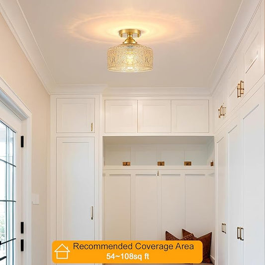 Daunton Small Semi Flush Mount Ceiling Light Fixture, Vintage Gold Close to Ceiling Lighting with Amber Etched Glass Shade for Hallway, Kitchen, Entryway (Retro Design, Easy Install)