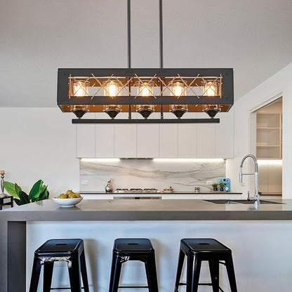 Black 5-Light Farmhouse Chandelier, Adjustable Rustic Kitchen Island Light Fixture for Dining Room and Kitchen Table