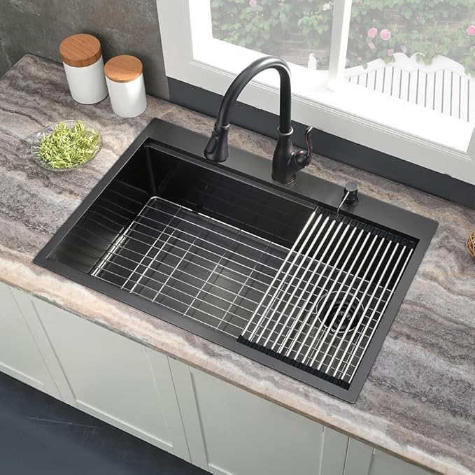 33 Inch Black Kitchen Sink Drop In, 33x22 Drop In Kitchen Sink Single Bowl Black 16 Gauge Stainless Steel Workstation Sink Deep Topmount with Offset Drain