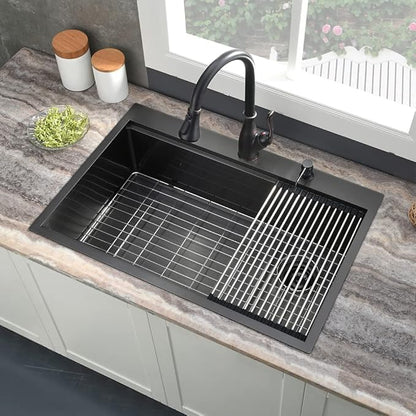 33 Inch Black Kitchen Sink Drop In, 33x22 Drop In Kitchen Sink Single Bowl Black 16 Gauge Stainless Steel Workstation Sink Deep Topmount with Offset Drain