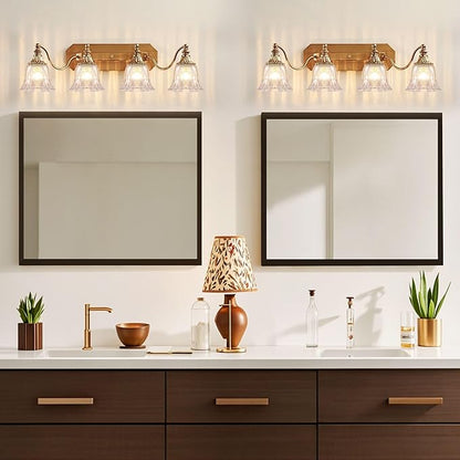 Gold Vintage Bathroom Light Fixtures, 4-Lights Bathroom Vanity Light, Antique Brushed Gold Lighting Fixtures Over Mirror with Crystal Glass Shade, Wall Sconce Lighting