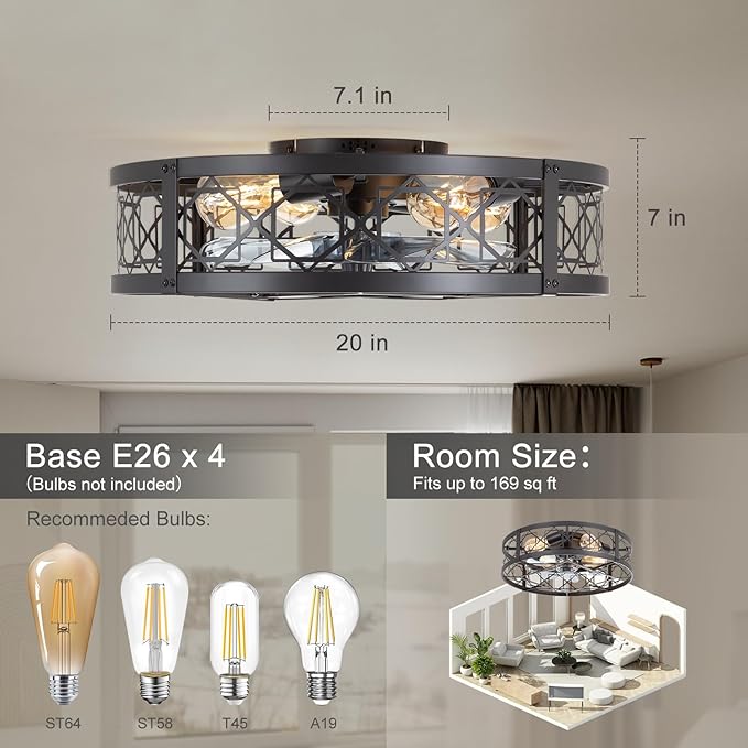 ZYD Caged Ceiling Fan with Light, 20" Ceiling Fan with Lights and Remote Flush Mount, Bladeless Caged Ceiling Fans with Lights, Matte Black Rustic Fan for Bedroom, Kitchen, Dining Room