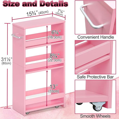 MARTY Rolling Storage Cart 7.9" W, 4-Tier Kitchen Cart with Wheels Handle, Slim Storage Cart Mobile Shelving Utility Carts for Bathroom Laundry Room Organization Narrow Places (Pink)