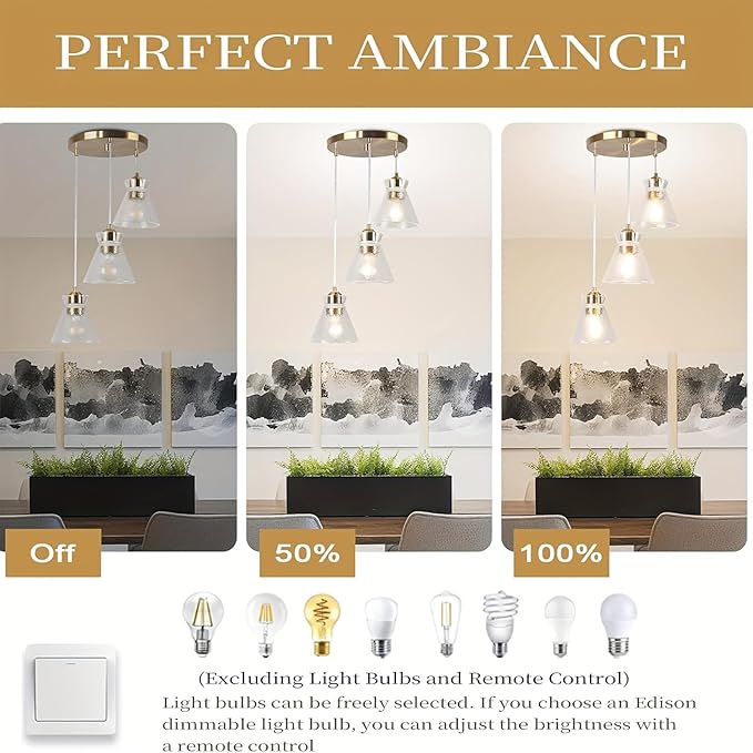 Gold Kitchen Island Pendant Light, 3-Light Farmhouse Chandelier with Seeded Glass Shades, Adjustable Hanging Light for Dining Room,Bedroom