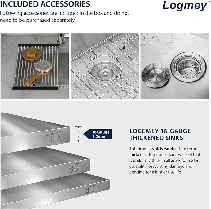 Logmey 21x18 Undermount Laundry Sink 21 Inch Laundry Room 12" Deep Sinks Handmade 16 Gauge Heavy Duty Stainless Steel Large Capacity Utility Washing Tub for Home & Commercial Use