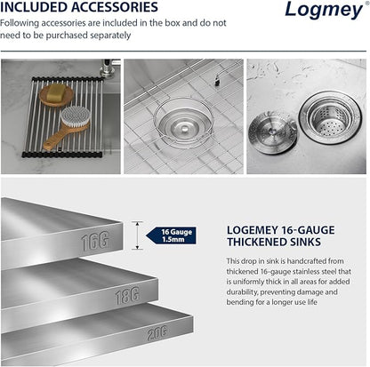 Logmey 21x18 Undermount Laundry Sink 21 Inch Laundry Room 12" Deep Sinks Handmade 16 Gauge Heavy Duty Stainless Steel Large Capacity Utility Washing Tub for Home & Commercial Use