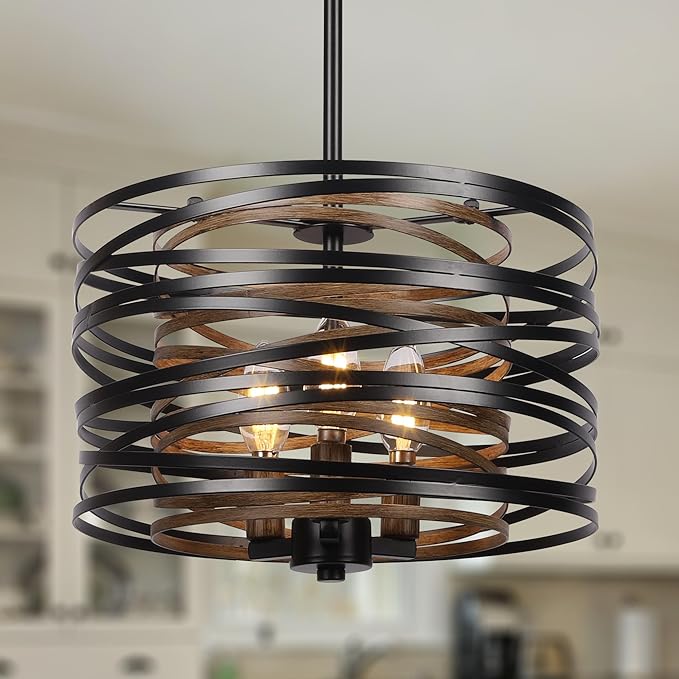 Sigaitwei 3-Light Dining Room Chandelier，12.6" Rustic Black Drum Chandeliers，Wood Grain and Vintage Light Fixture for Kitchen Entryway Living Room