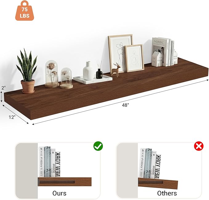 Heimlove 12 Inch Deep Floating Shelves, 48 x 12 inches Long Wall Shelf, Rustic Wood Wall Shelves for Fireplace Mantel, Set of 1 (Walnut)