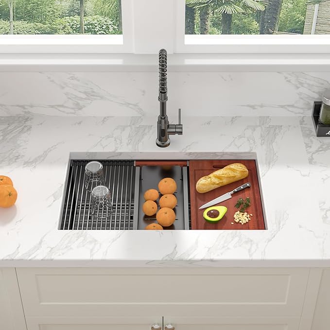 Sarlai 28 Black Stainless Kitchen Sink - 28 x18 Inch Undermount Kitchen Sink Workstation Gunmetal Black 16 Gauge Stainless Steel Single Bowl 10" Deep Under Counter Kitchen Sinks Basin