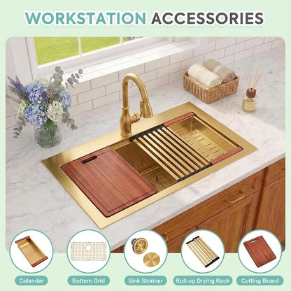 Gold Kitchen Sink 26" X 22",Drop In/Top Mount 16 Gauge Stainless Steel Workstation Sink,Deep & Large Single Bowl Kitchen Sinks (Gold, 26" X 22")