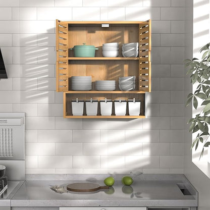 Bamboo Bathroom Wall Cabinet, Medicine Cabinet Wall Mounted, Over The Toilet Hanging Cabinet with 2 Doors
