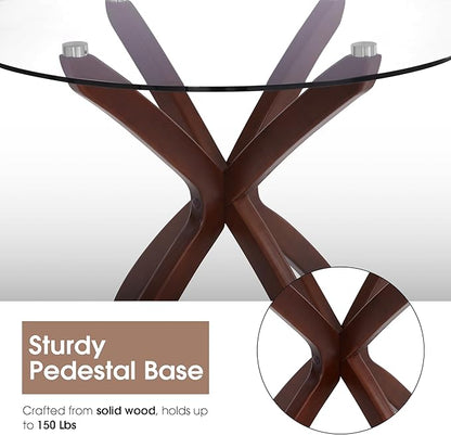 ivinta Small Glass Dining Table for 2-4 People, 31.5-Inch Round Coffee Table with Solid Wood Legs, Mid-Century Modern Kitchen Table for Dining Room, Living Room, Restaurant, CURD-80 (Rustic Brown)