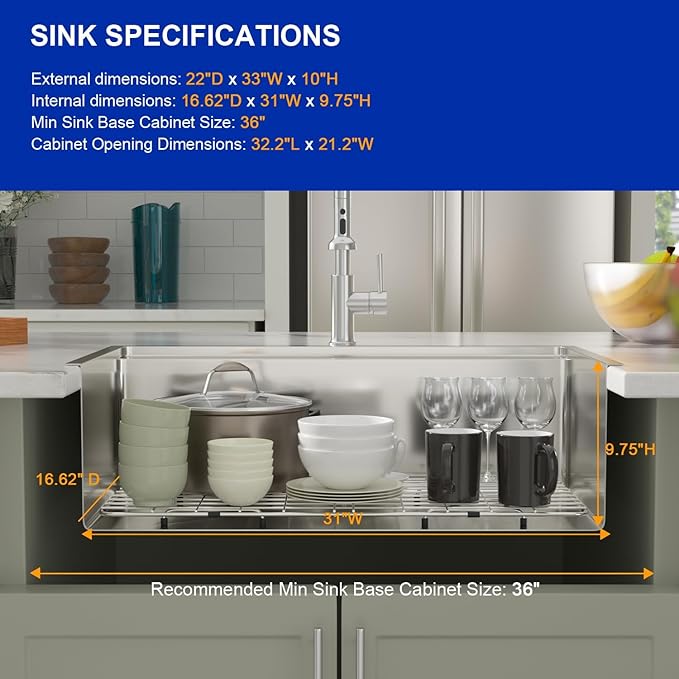 Dcolora 33x22 Drop In Workstation Stainless Steel Kitchen Sink 16 Gauge 304 Large Single Bowl Topmount Sinks with Accessories, Round Corner 33"x22"x10" #DC-T7741