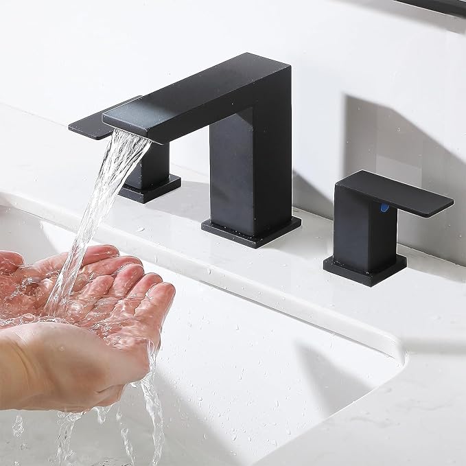 VCCUCINE Black Waterfall Bathroom Faucet 8 Inch Widespread Bathroom Sink Faucet 3 Hole,Modern Matte Black Vanity Bathroom Faucets for Sink with Pop Up Drain and Supply Lines