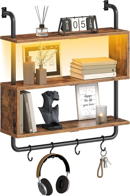 HOOBRO Floating Shelves with LED Lights, 29.5" LED Wall Mounted Gaming Shelf, 3-Tier Pipe Display Rack with Hanging Rod and 4 S-Hooks, for Storage Livingroom, Bedroom, Rustic Brown and Black BF21DBJ01