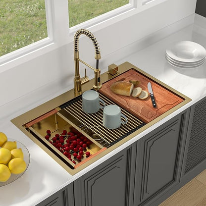 Lordear 36 Inch Drop In Kitchen Sink Matte Gold Stainless Steel 16 Gauge T304 Single Bowl Handmade Topmount Kitchen Sink with Workstation All in One 36x22x10 Inch