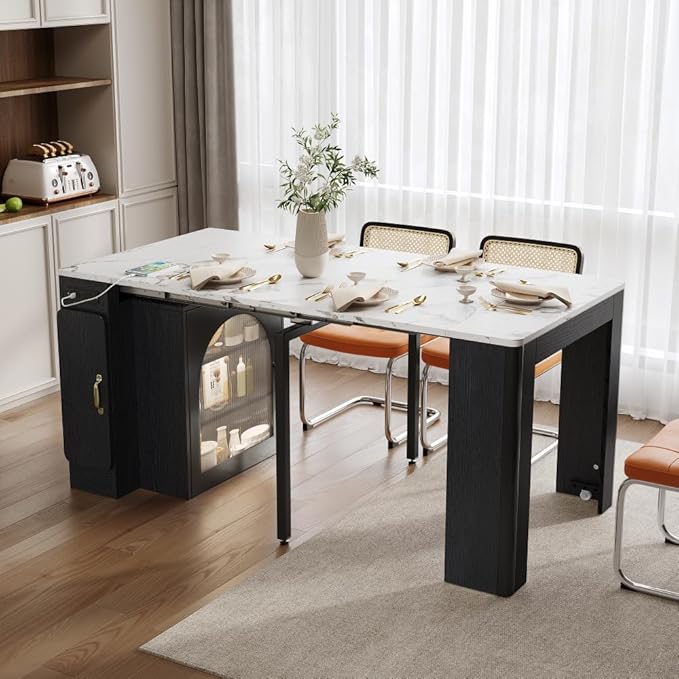 Extendable Drop Leaf Dining Table with Storage, Kitchen Island Cart with Outlet, Rolling Bar Table with Drawers and Glass Door Cabinet for Small Kitchen