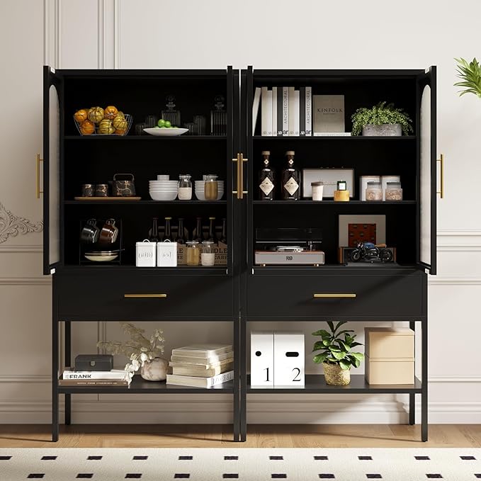 ALBAD 63 Inch Tall Metal Pantry/Display/Storage Cabinet with Fluted Glass Doors and Drawer & Adjustable Shelf for Modern Home Office Living Room Kitchen Black