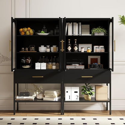 ALBAD 63 Inch Tall Metal Pantry/Display/Storage Cabinet with Fluted Glass Doors and Drawer & Adjustable Shelf for Modern Home Office Living Room Kitchen Black