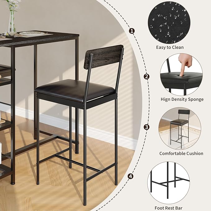 3-Piece Modern Dining Set, Dining Table Set with 2 Upholstered Bar Stools,Bar Table Set w/ Metal Frame&Built-in Wine Rack for Kitchen Dining Room Apartment Breakfast Nook 36"Lx 16.7"W x 37.2"H Black