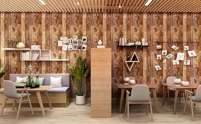 Yun-aeon Brown Wood Peel and Stick Wallpaper 17.3" X 120"Coffee Brown PVC Self Adhesive Wood Wall Peel and Stick Paper for Wall Covering Furniture Countertop Kitchen Christmas DIY