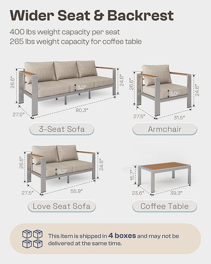 Aluminum Outdoor Patio Furniture Armchair, All-Weather Outdoor Patio Sofa with Washable Thick Cushion, Patio Sofa Couch Set of 2 for Porch, Balcony, Deck, Yard, Silver