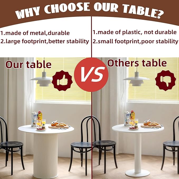 MIXL-Modern Round Kitchen Table, White Dinner Table with Cylinder Stable Pedestal,31.50 Inches Kitchen Tables for 2-3 People, Small Circle Dining Tables for Dining Room, Kitchen, Restaurant