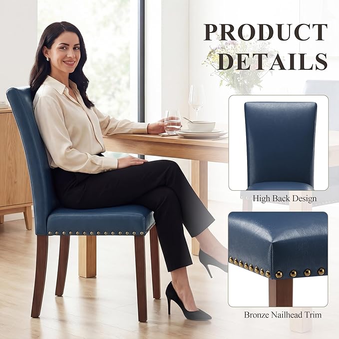 COLAMY Upholstered Parsons Dining Chairs Set of 4, PU Leather Dining Room Kitchen Side Chair with Nailhead Trim and Wood Legs - Blue