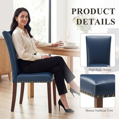 COLAMY Upholstered Parsons Dining Chairs Set of 4, PU Leather Dining Room Kitchen Side Chair with Nailhead Trim and Wood Legs - Blue