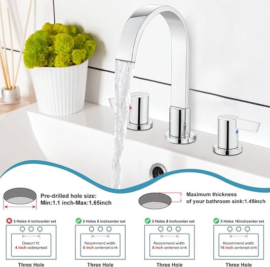 Midanya 8 inch Widespread Bathroom Sink Faucet,Modern Waterfall 3 Hole 2 Handles Bathroom Faucet 8" Vanity Faucets with Pop Up Drain and Water Supply Lines,Polish Chrome