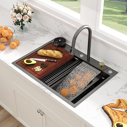 Sarlai black Waterfall Kitchen Sink - 28x22 Black Waterfall Drop In Workstation Sink Stainless Steel 16 Gauge Sinks Multifunction Single Bowl Smart Top Mount Kitchen Sinks with Faucet Combo