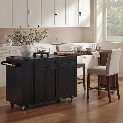 Kitchen Island with Extendable Dining Table, Rolling Kitchen Cart with Drawers and Trash Storage Cabinet, Island Mobile Dining Table on Wheels with 3-Tier Pull-Out Spice Rack for Small Space Black