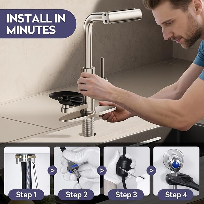 HOWUWEY Kitchen Faucet with Pull Down Sprayer & Cup Washer, Glass Rinser Faucet for Kitchen Sink, Single Handle Waterfall 1 or 3 Hole Tap for Bar Sink Farmhouse Camper Laundry Rv (Brushed Nickel)