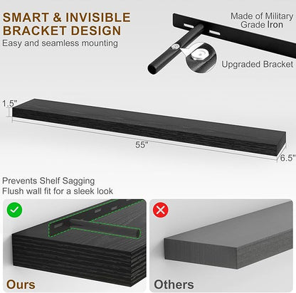 Fun Memories 55 Inch Fireplace Mantel Shelf -Long Floating Shelf, Wall Mounted Farmhouse Display Shelf with Invisible Heavy Duty Metal Bracket, Black