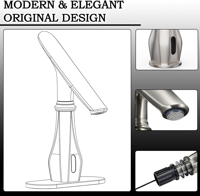 Touchless Bathroom Sink Faucets, Brushed Nickel Bathroom Faucet Single Hole, Automatic Motion Sensor Battery Operated with Cover Plate and Mixing Valve for Commercial and Home