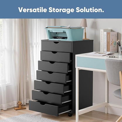 OLIXIS 7 Drawer File Cabinet, Mobile Filing Cabinet Under Desk Storage Organization with Wheels, Vertical Filing Chest Rolling Wood Small Desk Printer Stand for Home Office, Dark