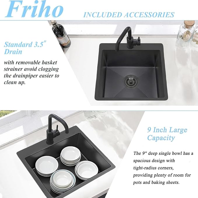 Friho Drop-in Black Bar Sink, 18"x 18" Inch Small Kitchen Sink, Stainless Steel Handmade Single Bowl Topmount RV Kitchen Sinks With Basket Strainer