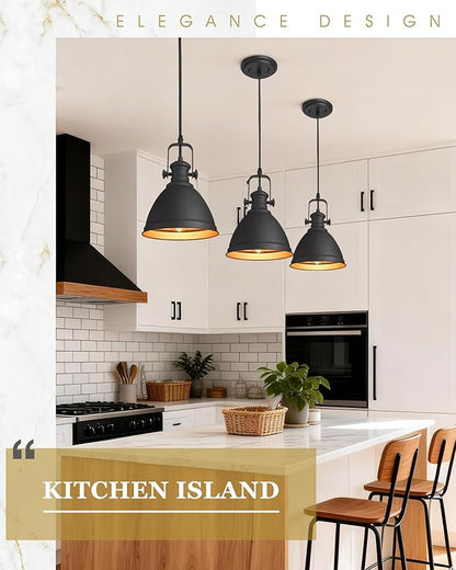 Black Pendant Lights Kitchen Island, 8" Farmhouse Hanging Lights Fixtures with Metal Shade, Rustic Kitchen Pendant Lighting Over Island for Dining Room, AD-2151-1PM-BK