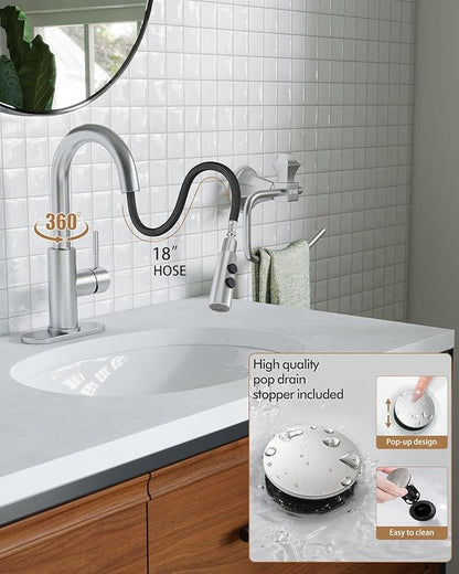 Fransiton Bathroom Faucets with Pull Down Sprayer, Bar Sink Faucet Single Hole for Kitchen Campers with Pop-Up Drain Hose, Suitable for Farmhouse Vanity Lavatory